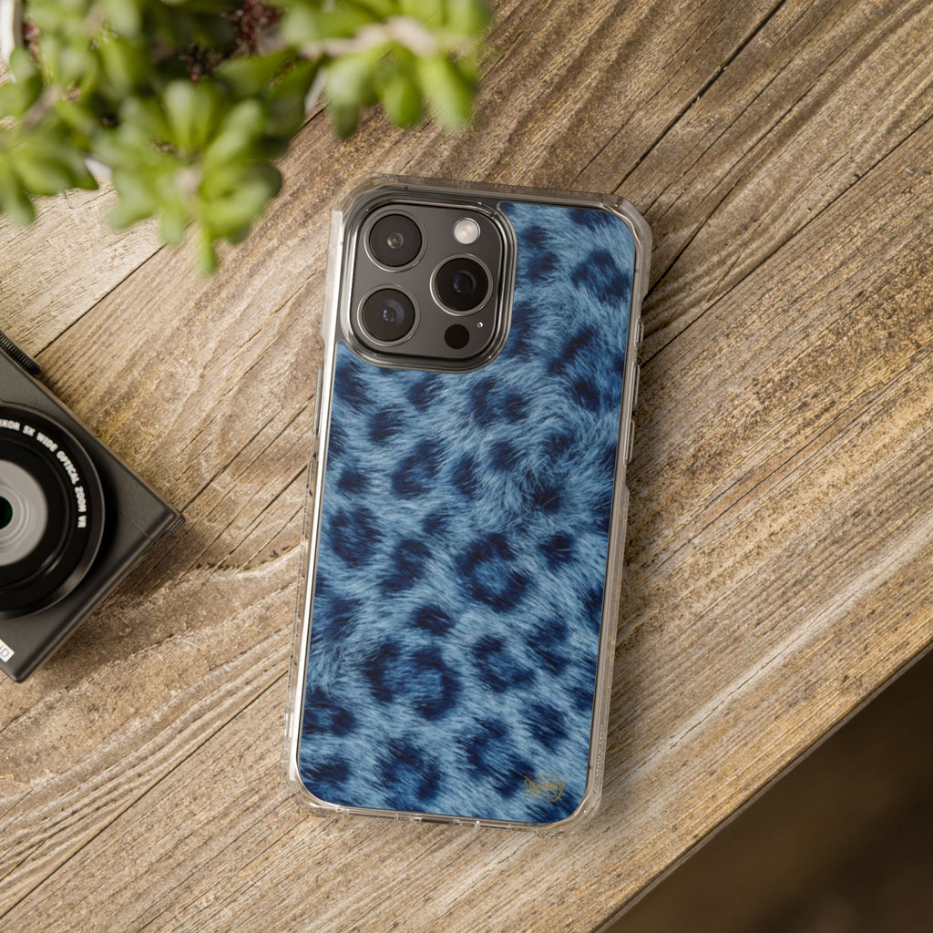 Blue Leopard Print Magnetic Clear Impact Phone Case