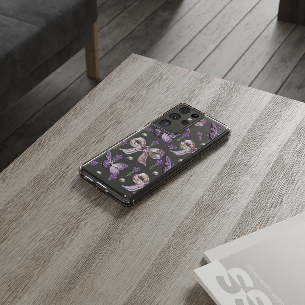 Clear Impact-Resistant Phone Case — Purple Butterflies, Bows & Pearls