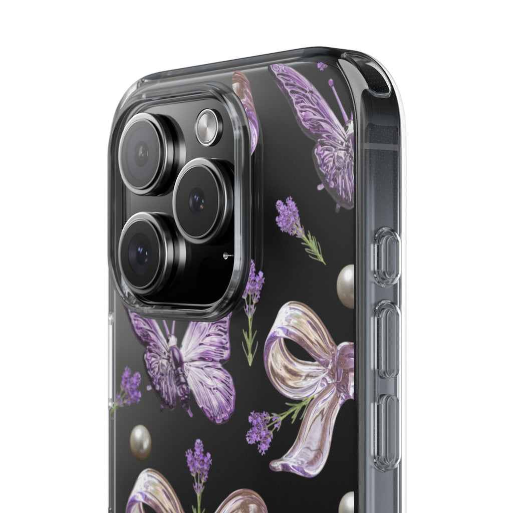 Clear Impact-Resistant Phone Case — Purple Butterflies, Bows & Pearls