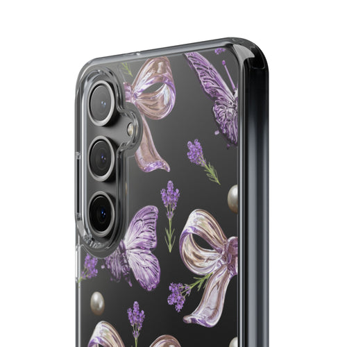 Clear Impact-Resistant Phone Case — Purple Butterflies, Bows & Pearls