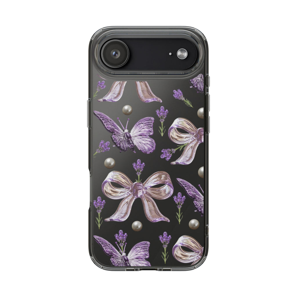 Clear Impact-Resistant Phone Case — Purple Butterflies, Bows & Pearls