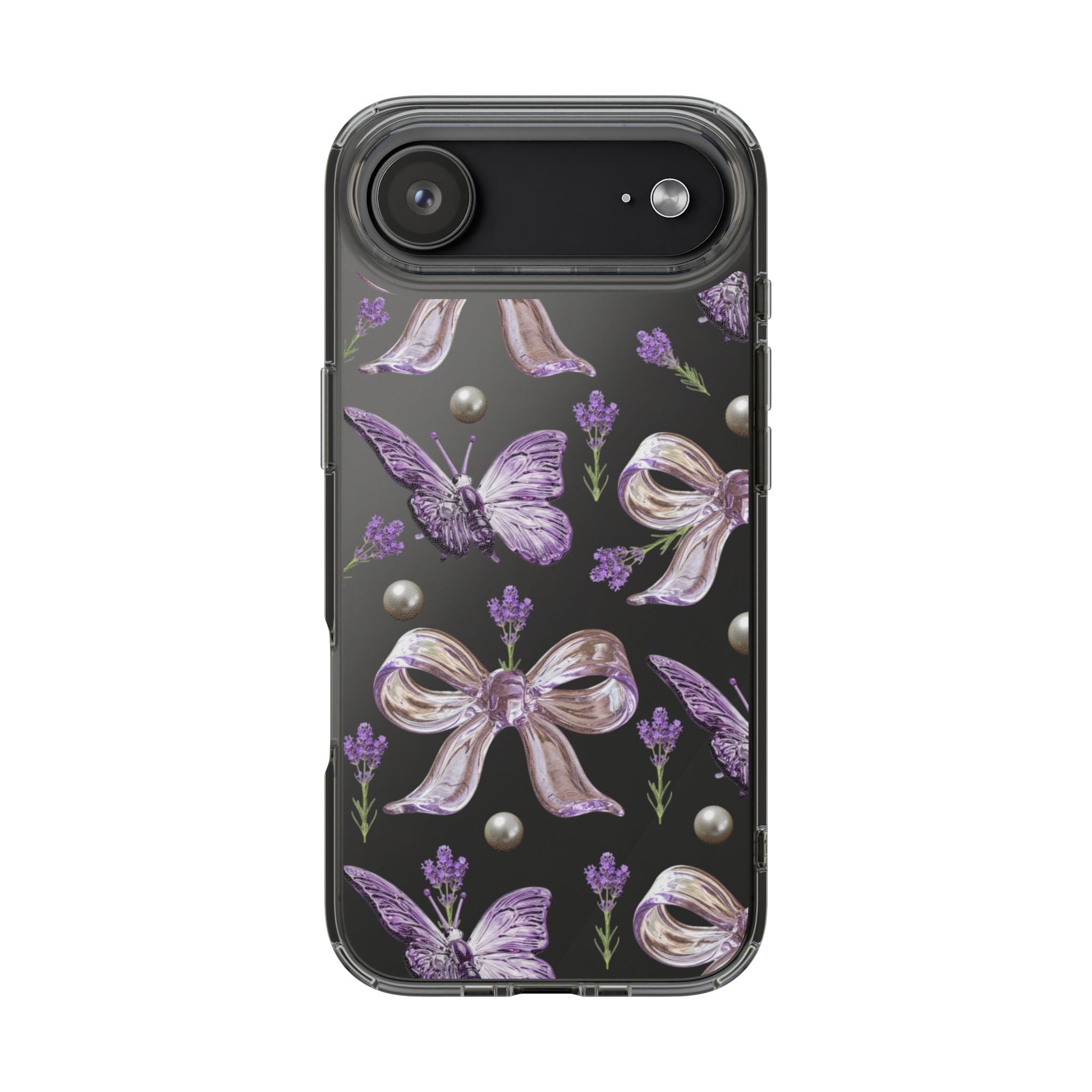 Clear Impact-Resistant Phone Case — Purple Butterflies, Bows & Pearls