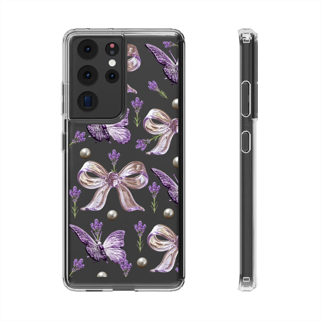 Clear Impact-Resistant Phone Case — Purple Butterflies, Bows & Pearls