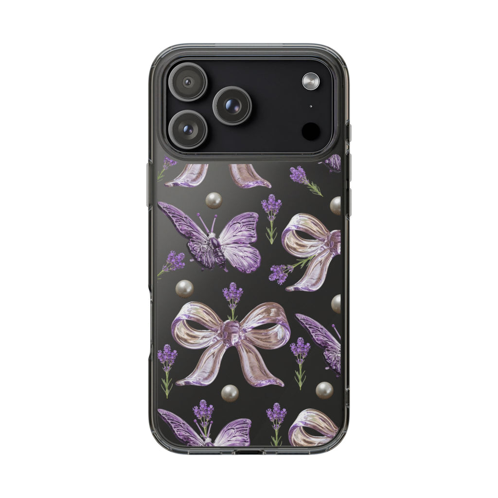 Clear Impact-Resistant Phone Case — Purple Butterflies, Bows & Pearls