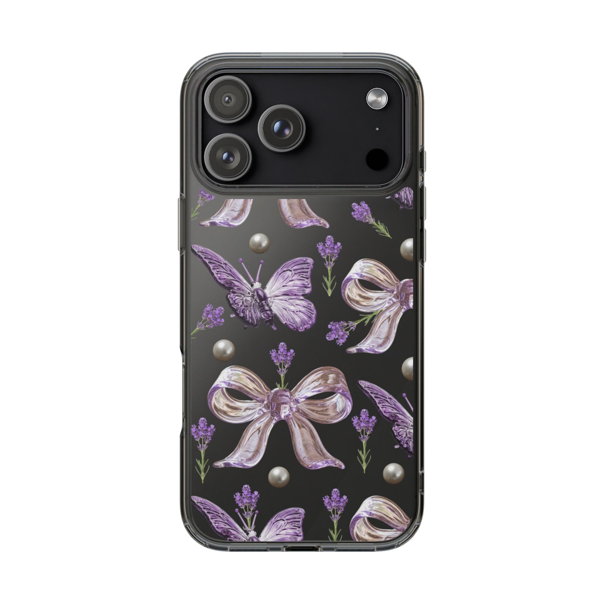 Clear Impact-Resistant Phone Case — Purple Butterflies, Bows & Pearls