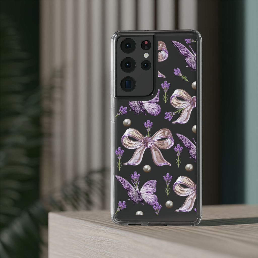 Clear Impact-Resistant Phone Case — Purple Butterflies, Bows & Pearls