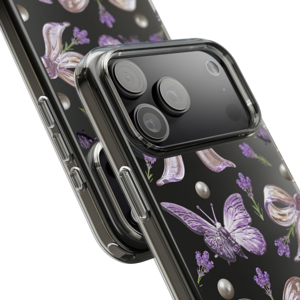 Clear Impact-Resistant Phone Case — Purple Butterflies, Bows & Pearls