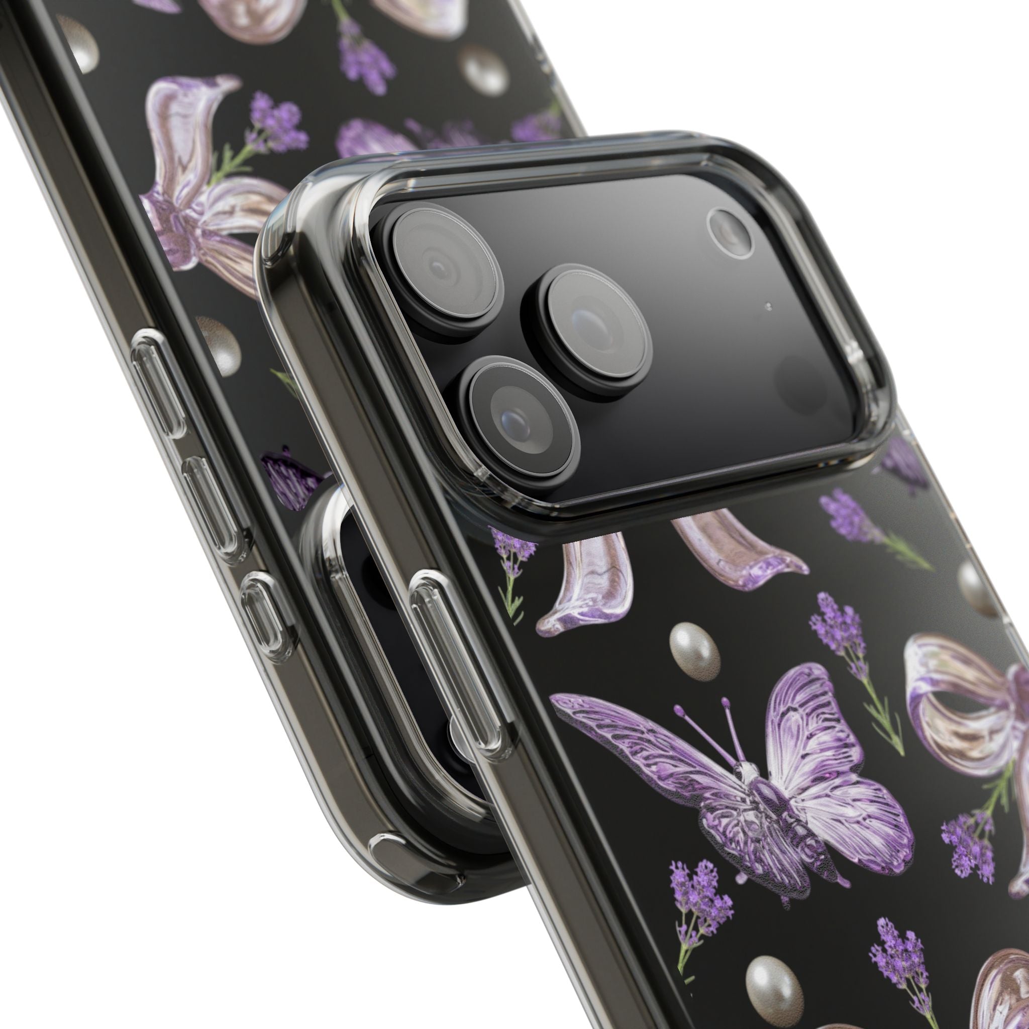 Clear Impact-Resistant Phone Case — Purple Butterflies, Bows & Pearls